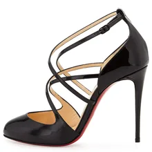 Women Black Pleather Point Toe Red Bottom Crossed Strap High Heels Pumps font b Shoes b