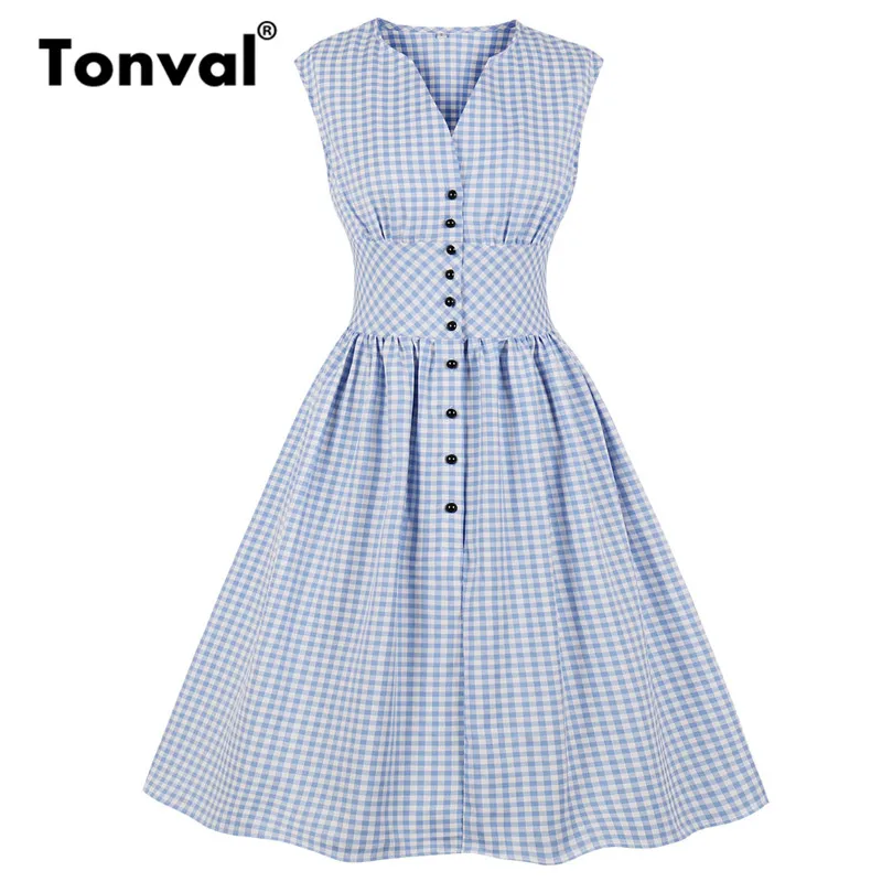 

Tonval Gingham Print Single Breasted Blue Summer Dress High Waist Vintage Women Clothes Tunic Pleated Plaid Casual Dresses