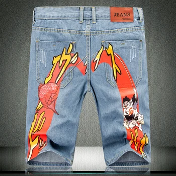 

New Summer Denim Shorts Giraffe Print Pattern Jean Solid Straight Male Blue Short Scratched Frayed knee length Jeans 533