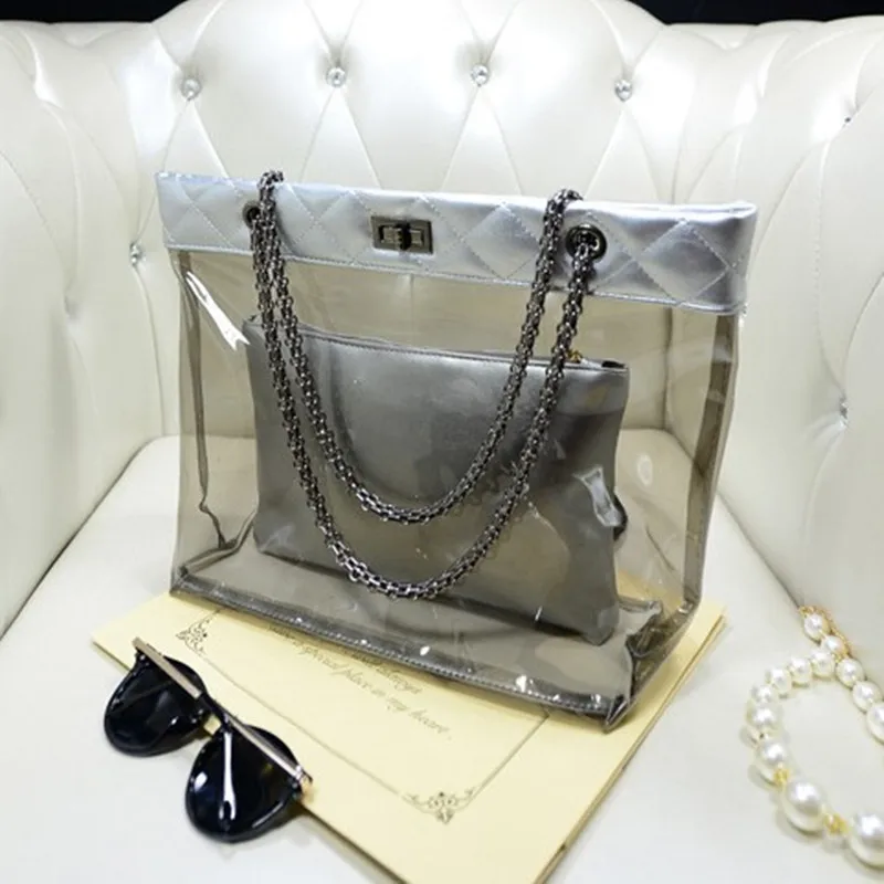 

Girl Composite Bags Transparent Bag Clear PVC Jelly Handbag PU Tote Shoulder Bag Messenger Bags Female Lady Sac Femme Bandoulier