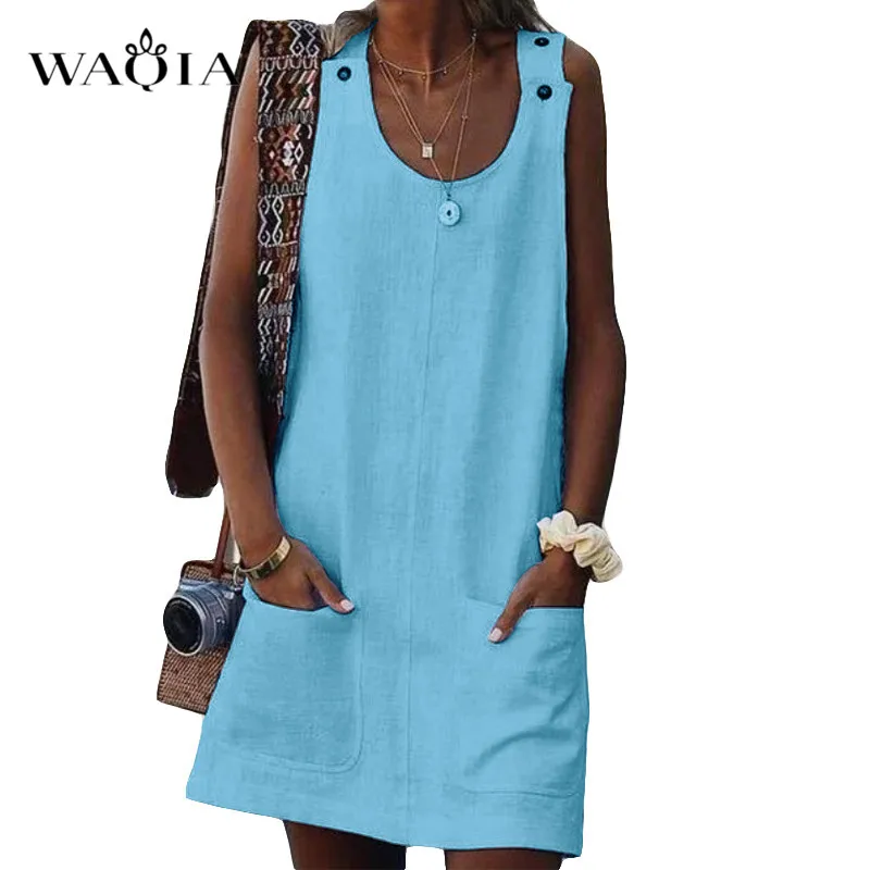 

Plus Size S-5XL O-neck Button Mini Dresses 2019Women Summer Solid Sleeveless Pockets Dress Casual Beach A-line Sundress Vestidos