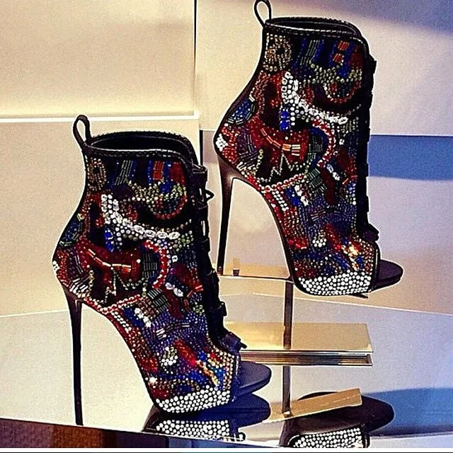

Hot Selling Women Multi-color Crystal Ankle Boots Open Toe Lace-up Exquisite Colorized Rhinestone Booties Extremely High Heels