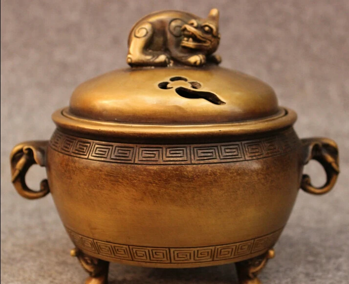 

song voge gem S4501 Tibet Bronze Unicorn PiXiu Beast Elephant Head Statue Jar Incense Burner Censer