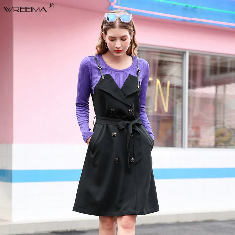 ^*Best Offers 2019 Spring Autumn Women Loose A-Line black Dress Ladies Long Sleeve Casual Dress Female Double Breasted Knitted Sweater Dresses