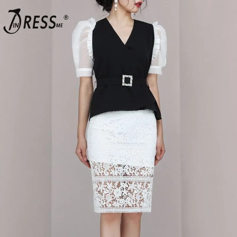 

INDRESSME 2019 New Two-piece Set V Neck Puff Sleeves Mesh Sashes With Buckles White Lace Pencil Skirt