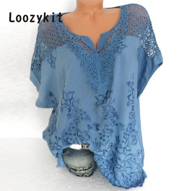 

LOOZYKIT Fashion Summer Lace Hollow Out Women Blouse Short Sleeve Casual Loose Shirts Top Female White Crochet Blouse 5XL