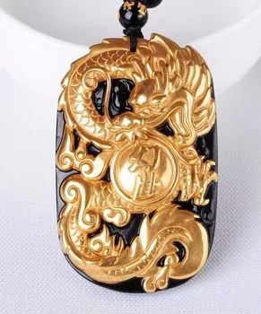 

Beautiful Natural Black Obsidian Carved Gold Color Chinese Lucky Dragon Amulet Pendant + free Necklace fashion Jewelry