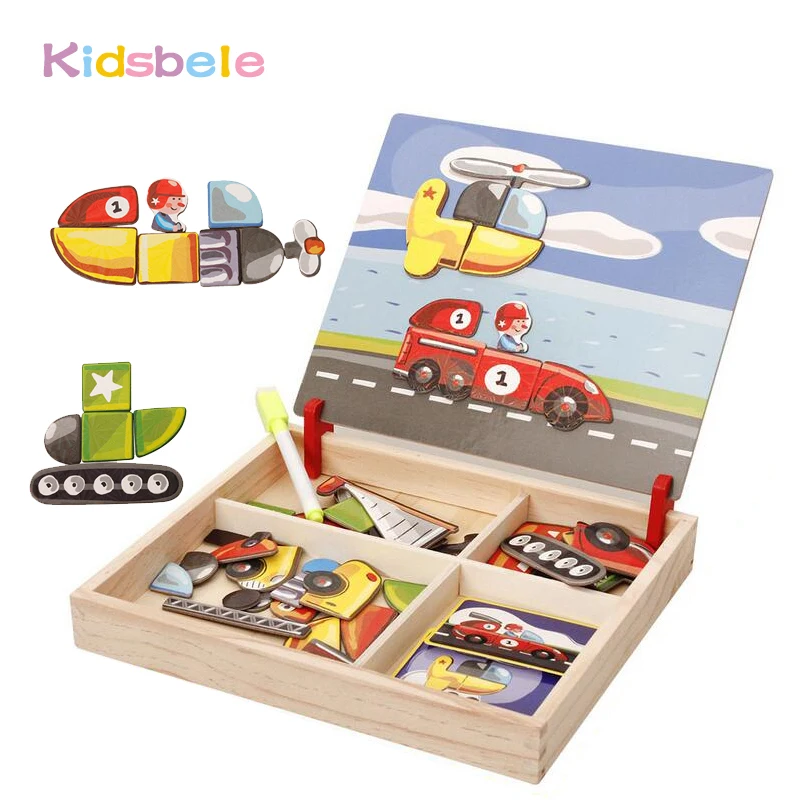 Enfants jouets en bois véhicule magnétisme 3D Puzzles planche à dessin Jouet bloc éducatif classique dessin animé voiture avion puzzle