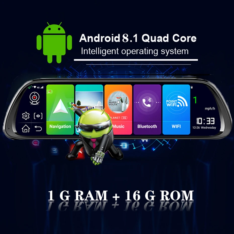 QUIDUX 4 г ADAS Автомобильный dvr камера 1" Android 8,1 поток медиа зеркало заднего вида FHD 1080 P Wi Fi для панели, GPS Cam Регистратор Видео регистраторы