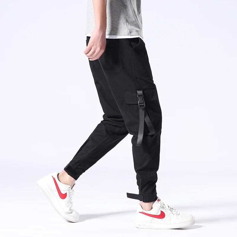Multi-Pockets Cargo Pants Men Street Ankle Length Pants Hip Hop Ribbons Casual Pants Fashion Black Joggers Trousers Sweatpants