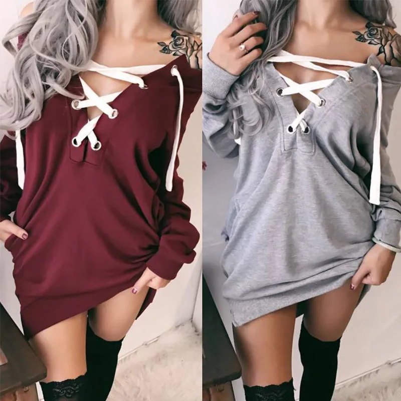 

Off Shoulder Women's Hoodies Lace Up Drawstring Hollow Out Loose Pullovers Woman 2019 Spring Autumn Sweatshirt Dress