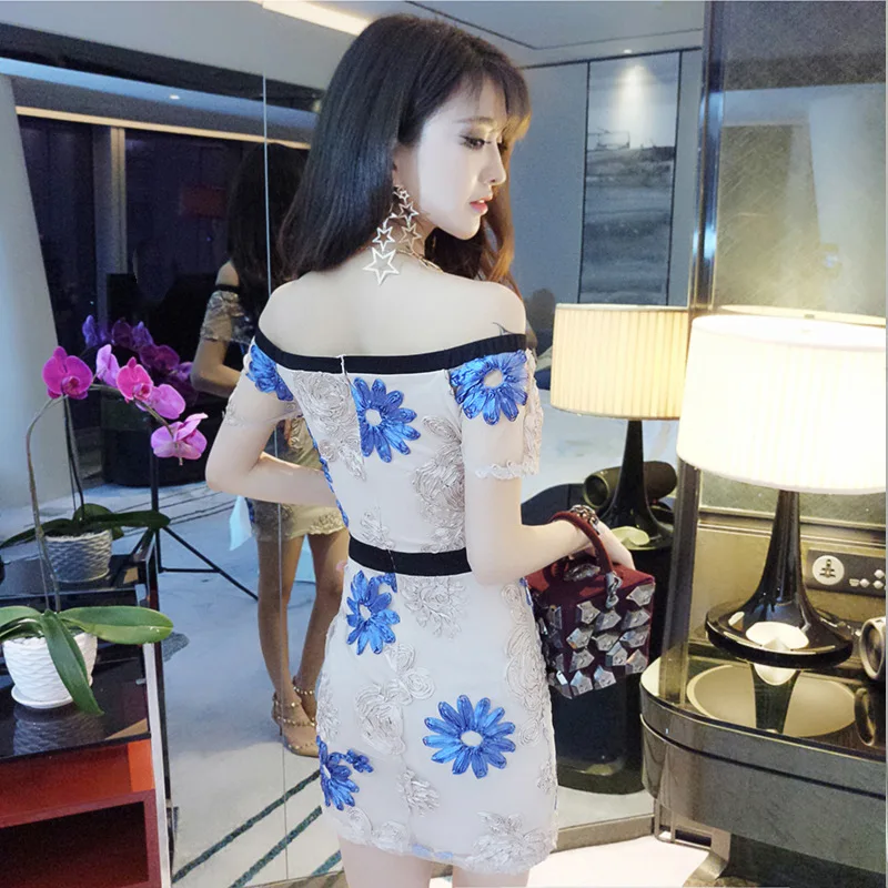 2018 Summer women dress 2018 sexy sheath embroidered show thin led off-the-shoulder above Knee mini dress package hip dress
