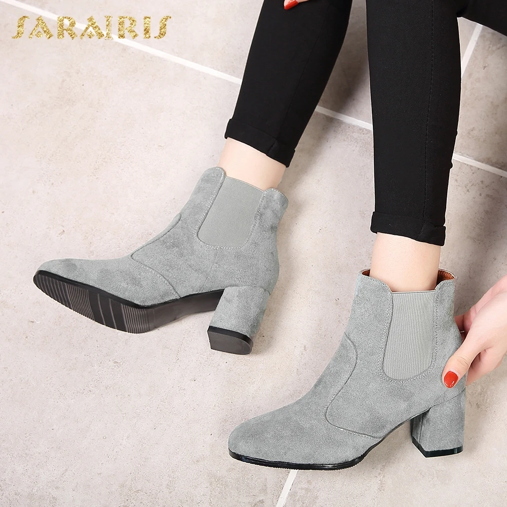 

Sarairis New Arrivals 2019 Square Toe Casual Boots Woman Shoes Women Elastic Band Chunky Heels Shoes Woman Boots Footwear