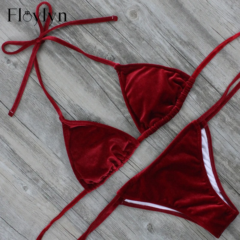 Floylyn Women Bikini Set Stretch Velvet Brazilian Biquini Praia Swimwear Sexy Swimsuit Trikini