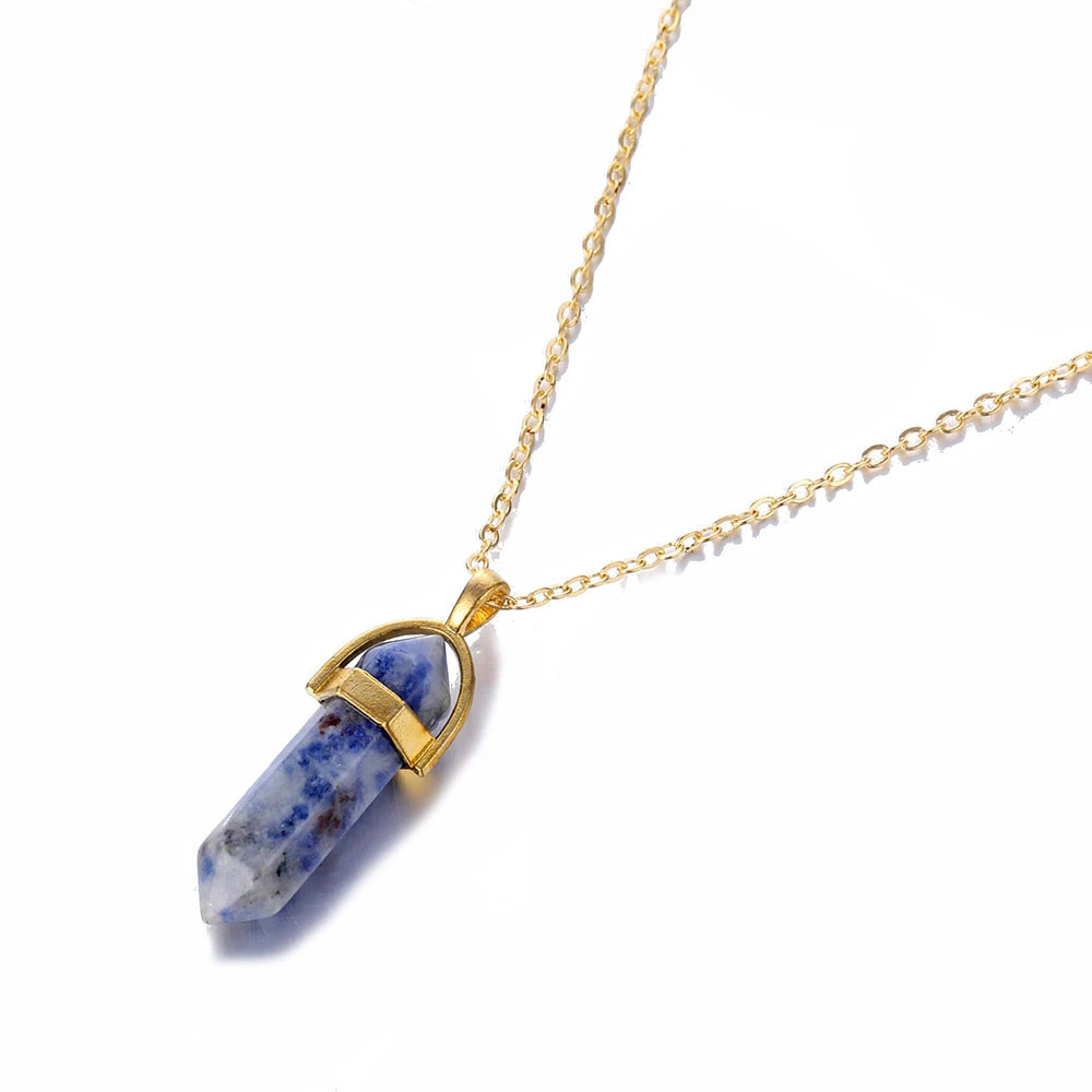 Gold Blue White Горячая Распродажа шестиугольная колонна кварцевое ожерелье s Подвески модный натуральный камень в виде пули розовая подвеска в виде кристалла ожерелье для женщин ювелирные изделия - Окраска металла: Gold Blue White