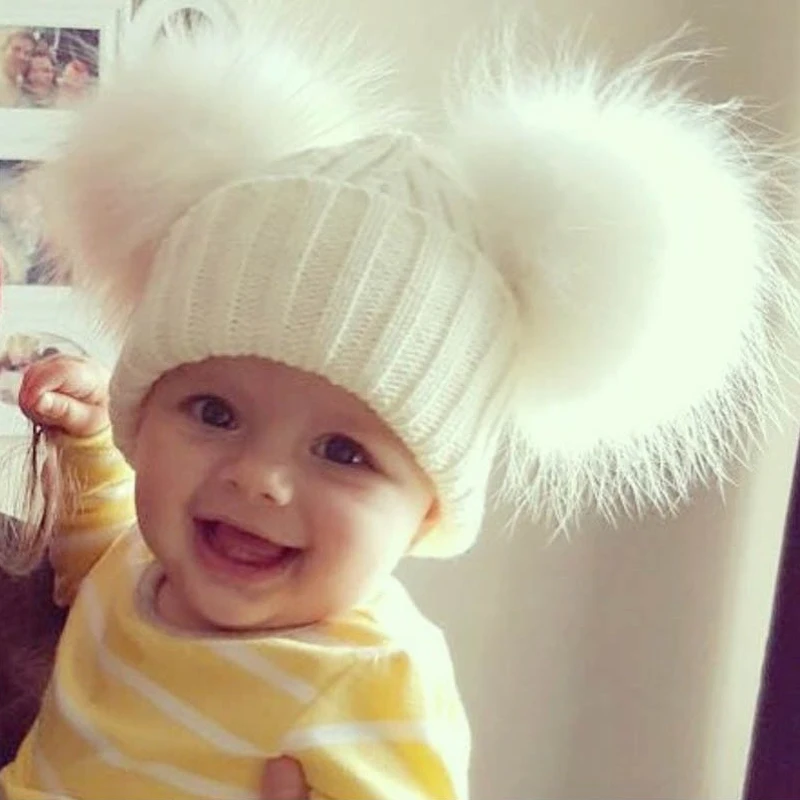

Kids Double Two Real Fur Pompom Hat Real Fur Pom Pom Hat Baby Winter Crochet Hat Girls Boys Knitted Beanie Bonnet Children Q4