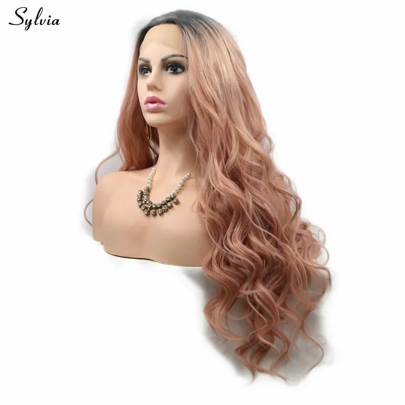 Sylvia Synthetic Wigs Lace Front Glueless Heat Resistant Fiber Brown Ombre Rose Gold Natural Hairline Long Soft Body Wave | Шиньоны и
