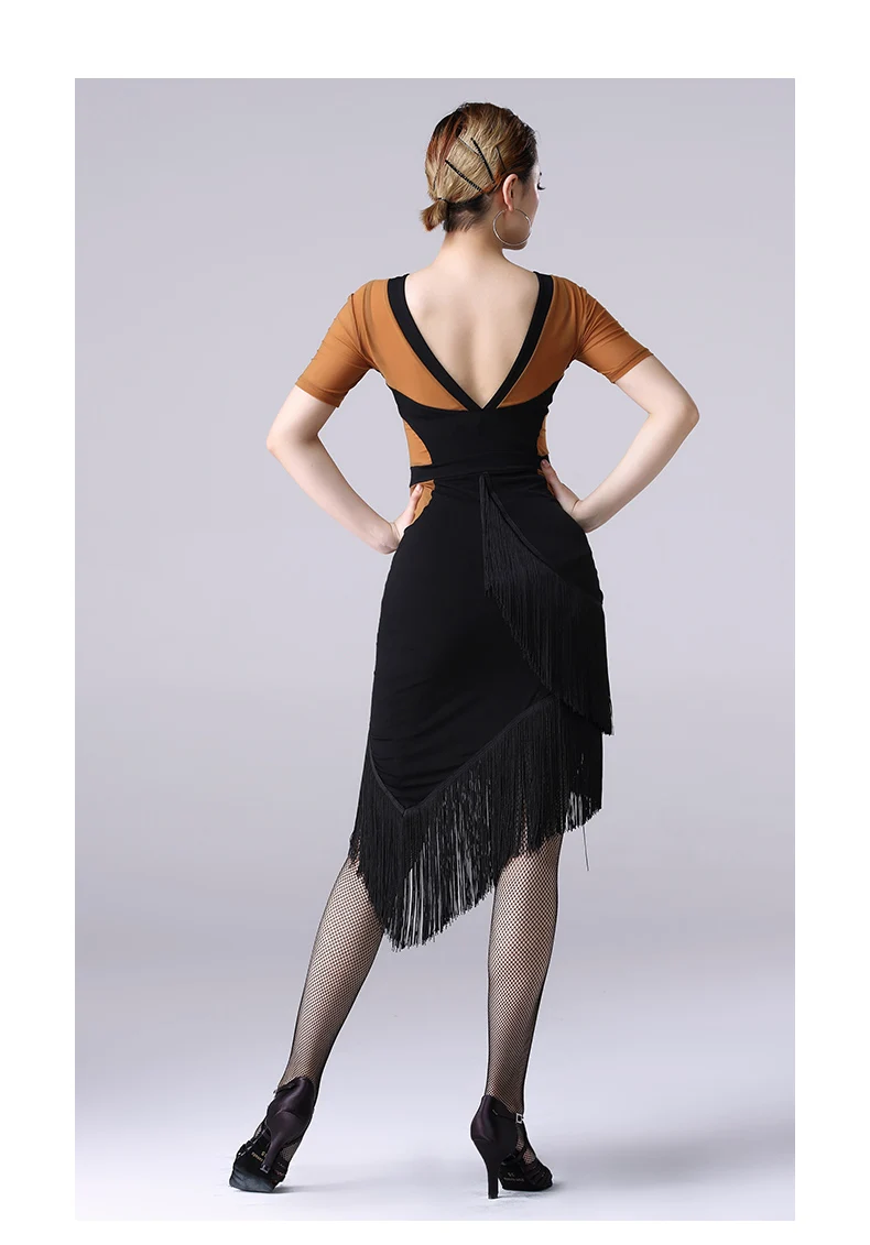 Latin Dance Dress Adult Female Sexy V-Neck Fringed Short Sleeve Dresses For Women'S Ballroom Samba Practice Dance Clothes DL3988