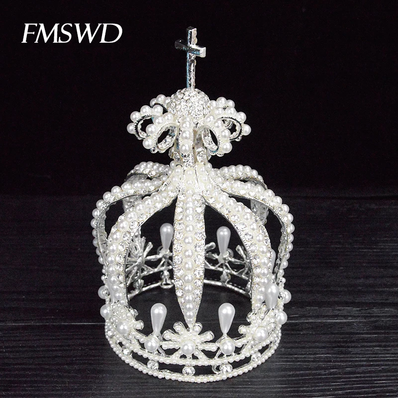 

Vintage Silver Gold Color Round Bridal Luxuy Tiara Crystal Pearl Queen Royal Crown For Wedding Bridal Hair Accessories Jewelry