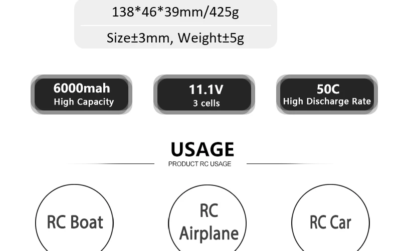 HRB Lipo Battery, 138*46*39mm/425g Sizet3mm, WeighttSg