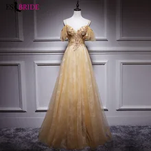 Роскошное Золотое вечернее платье для женщин, элегантное мусульманское вечернее платье, длинное официальное платье, сексуальное кружевное вечернее платье с v-образным вырезом ES2511