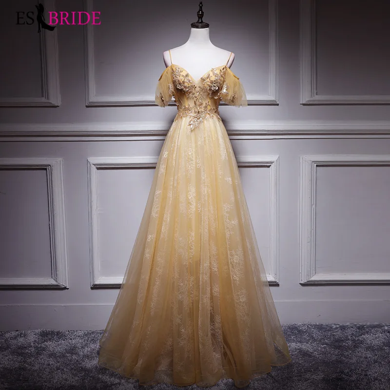 

Gold Gorgeous Evening Gowns for Women Elegant Muslim Evening Dress Long Formal Dress Sexy V-neck Lace Evening Dresses ES2511