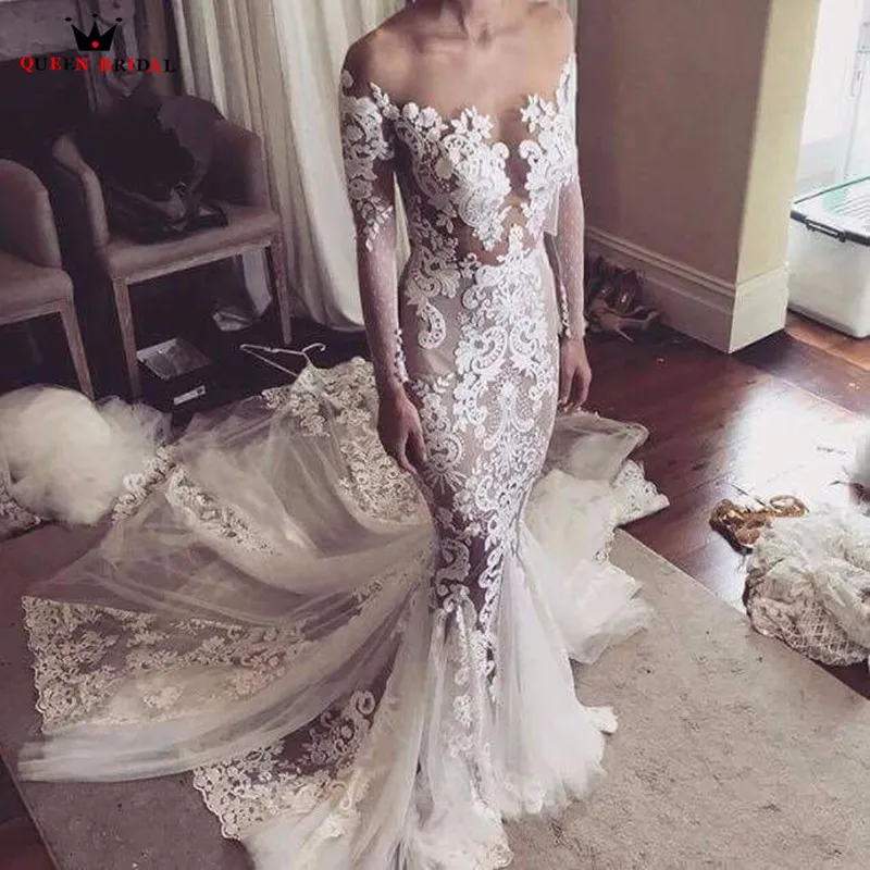 

Custom Made Vinatage Mermaid Long Sleeve Tulle Lace Flowers Sexy Wedding Dresses 2019 New Fashion Bridal Gowns NY20