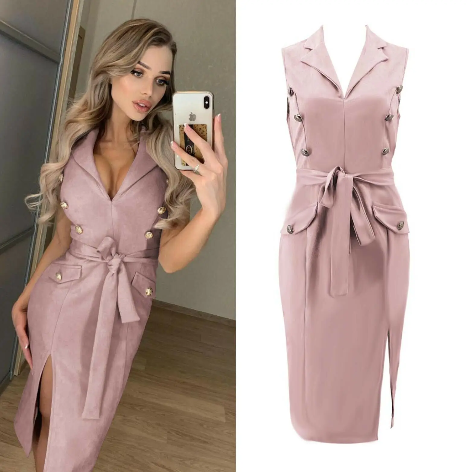 

Sexy Elegant Women turn down Neck Sleeveless Double Breasted Sashes Bodycon Formal Party Evening Club Midi Split Blazer Dress