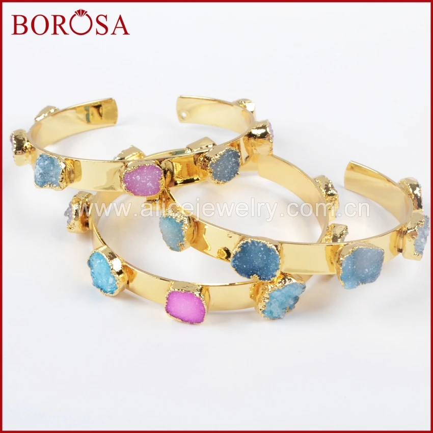 

BOROSA 5pcs Gold Color Brass Seven Rainbow Crystal Druzy Bangles Bracelets Fashion Gems Bangles Jewelry in Small Size G1098