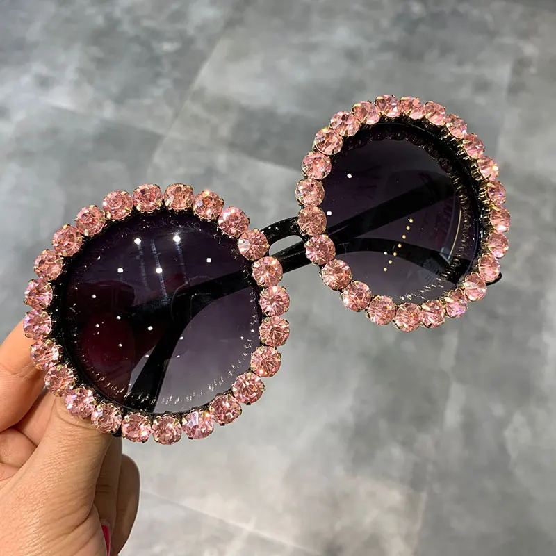 Модные роскошные круглые солнцезащитные очки для женщин, винтажные негабаритные Стразы, солнцезащитные очки для мужчин, брендовые дизайнерские очки, UV400 - Цвет линз: pink