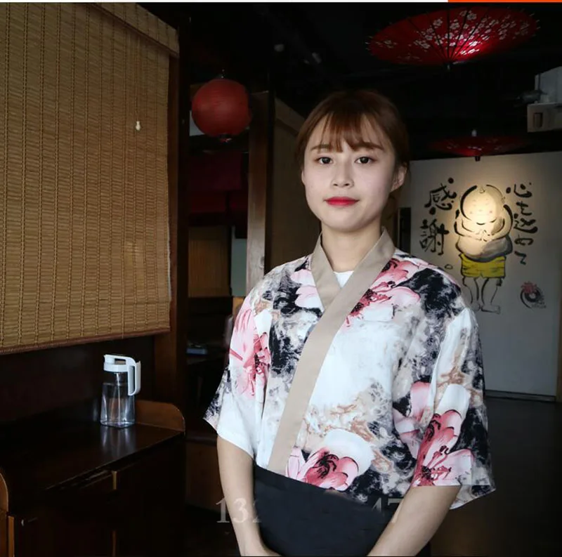 Бесплатная доставка Ресторан униформе Японии кухни принт шеф-повара официантка кимоно рабочая одежда chefuniform091803