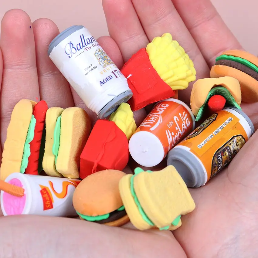 6 pçs/set bonito kawaii eraser comida, hamburger, batatas fritas, cão quente, suprimentos de correção de escritório
