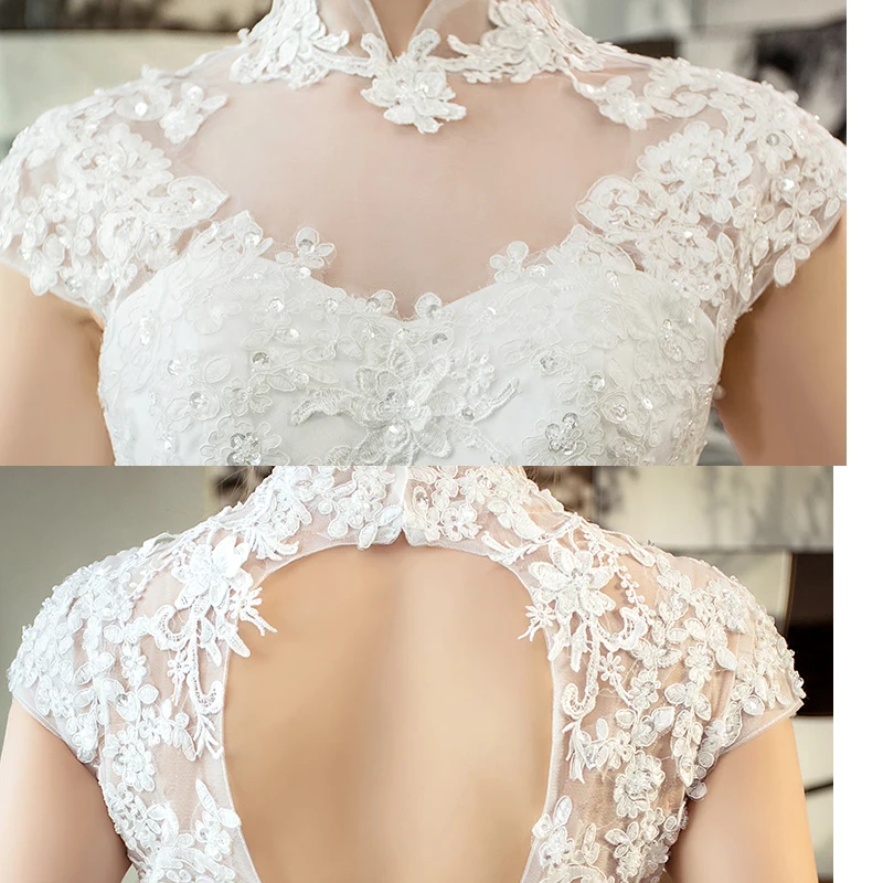 Brida Robe de jource со шлейфом и аппликацией, с высоким воротом, с короткими рукавами, со шнуровкой, на заказ, королевское свадебное платье с