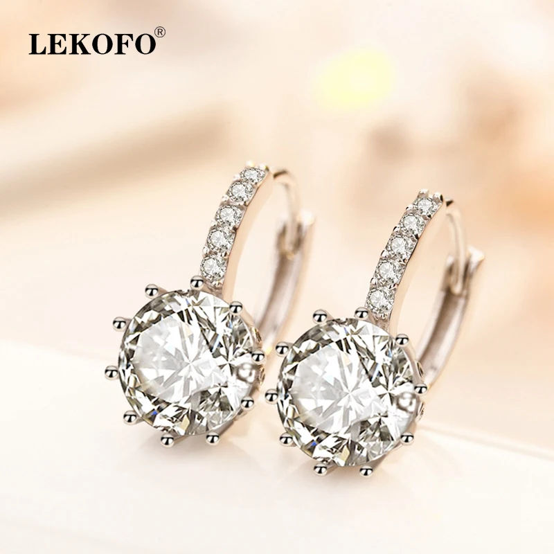 

LEKOFO New Fashion Cubic Zirconia Stud Earring Charm Flower Crystal Jewelry 925 Sterling Silver Earrings For Women