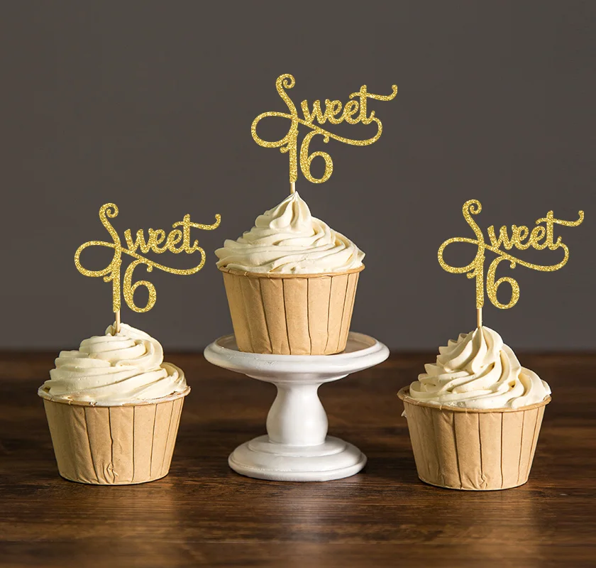 Золото/серебро/черный блеск сладкий 16 с изображением пирожного на день рожденья топперы, девушки день рождения украшения сувениры торт украшения выбор