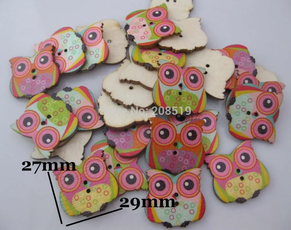 

WBNLKO 27mm*29mm Natural wood printed Owl Buttons Mix 100pcs 2 Holes flat back button scrapbook