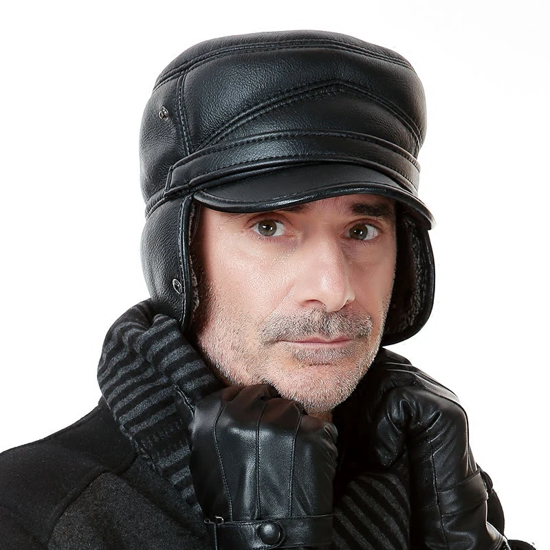 Мужская теплая зимняя шапка для взрослых из натуральной кожи, утолщенная теплая шапка с защитой от ушей, меховая ветрозащитная шапка для отдыха на открытом воздухе, B-0660