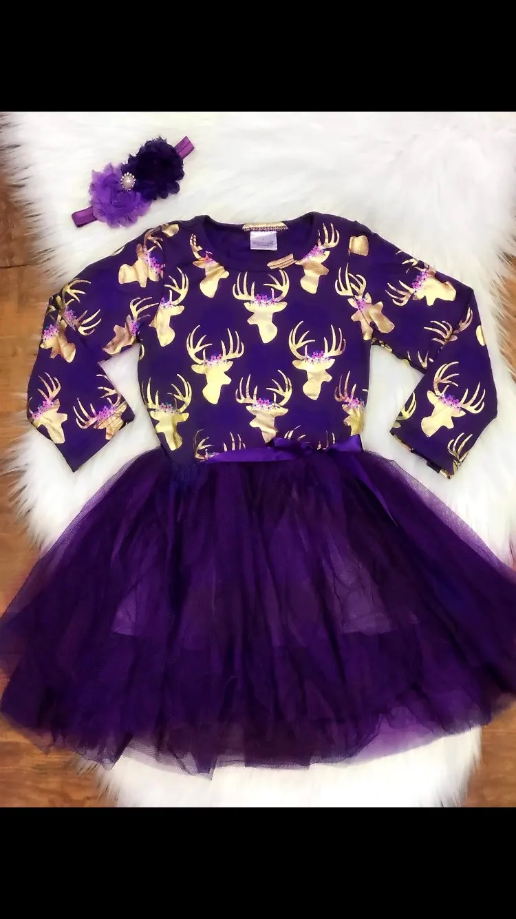

new baby girls clothes Fall/ winter girls cotton party purple gold reindeer dress girls party dress yarn with matching headband
