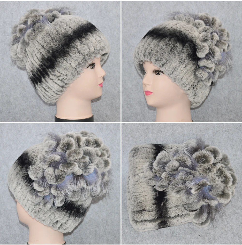 Новый для женщин Настоящий мех кролика Skullies шапки Роскошные эластичные трикотажные Цветочные из натуральной кролика рекс мех животных