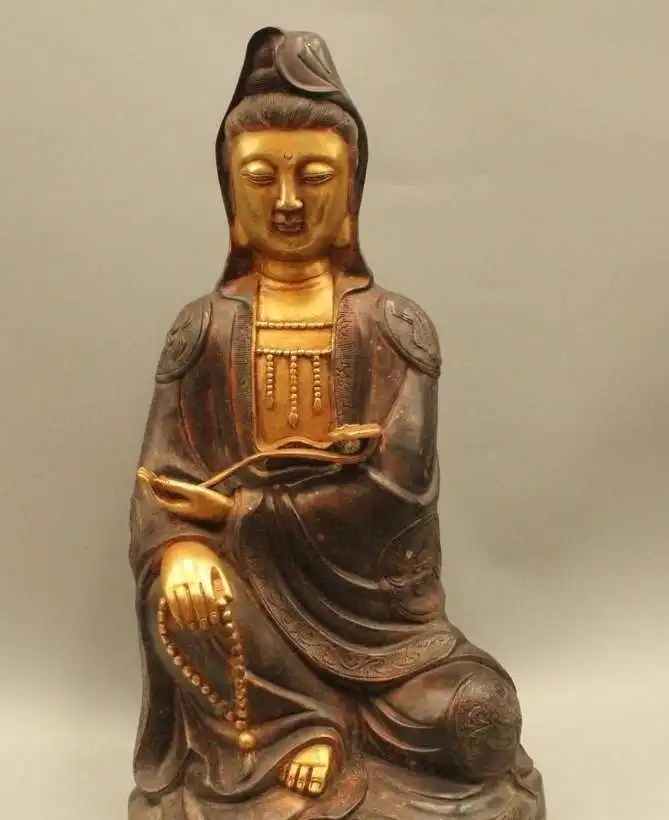 

20" Chinese Buddhism Bronze Gilt Sit Kwan-yin Guan Yin Goddess Ru Yi Statue