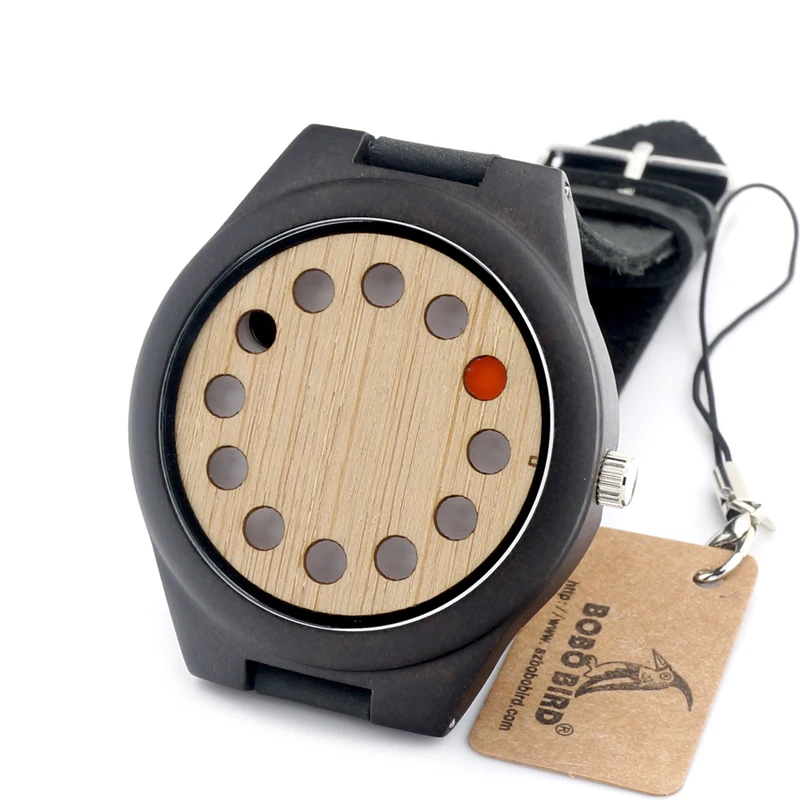 BOBO BIRD Eco-friendly Wooden Wristwatch Mens Top Luxury Brand Unique Holes Design Leather Quartz Watch with Leather Strap