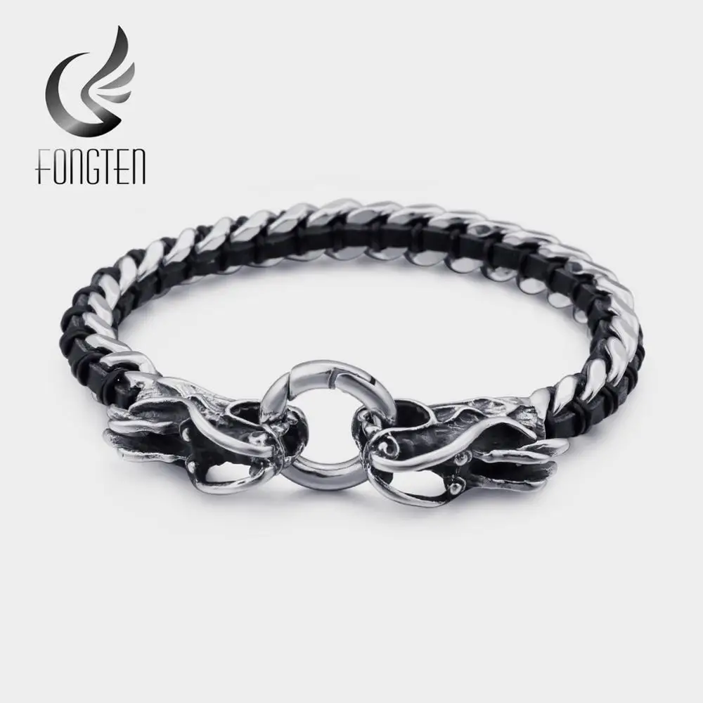 Fongten Dragon Stainless Steel Metal Viking Screw Leather Men Bracelet Jewelry