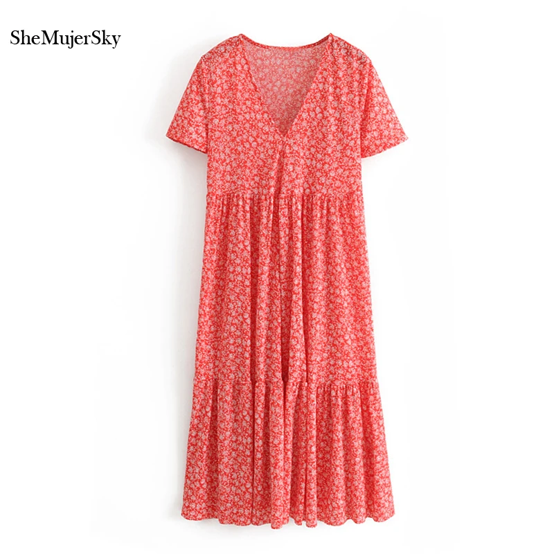 

SheMujerSky Red Ladies Print Dresses V-neck Midi Summer Beach Dress 2019 Woman Dress robe ete femme