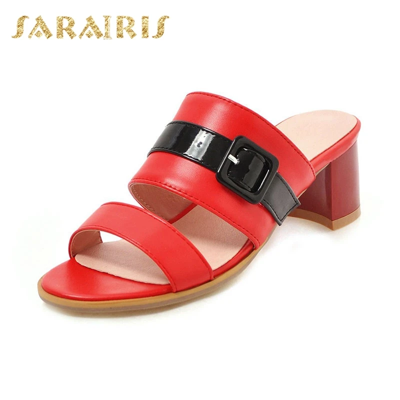 

Sarairis Brand New Plus Size 34-46 Ladies Med Heels Belt Buckle Shoes Woman Casual Party Office Outside Summer women's Mules