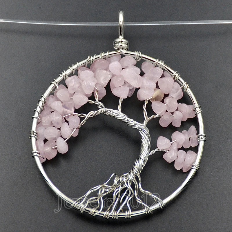 

10PCS/Lot Natural Rose Quart z Gem Stones Reiki Chakra Chips Beads Tree Of Life Healing Pendant Necklaces 50mm