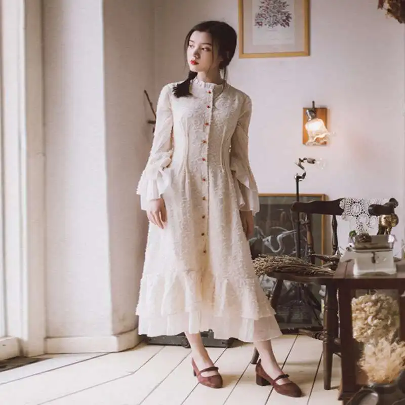 Automne Longue Féminine Dames Douille Femmes V531 Fusée Mousseline Maxi Solide Robe De Vintage Élégante Broderie Soie En Robes Hiver Mince pqwnqzO7d