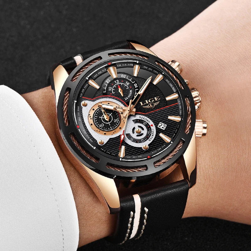 2018LIGE New Mens Watches Top Brand Luxury Quartz Watch Men Leather Military Waterproof Sport Wrist Watch Relogio Masculino+box
