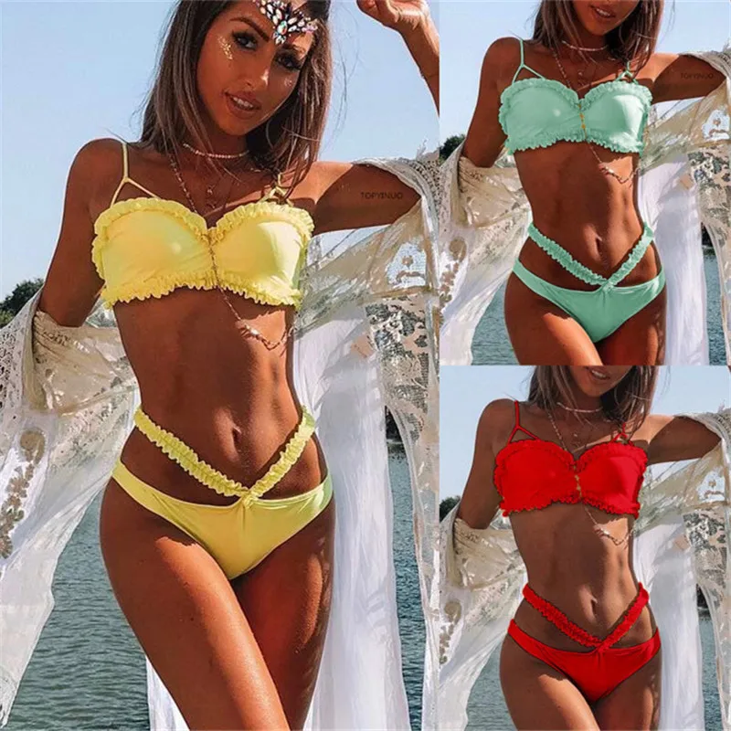 

Swimsuit 2019 Hot Lace Women Hard Bikini Set Push Up Strip Bathing Suit Swimming Wear Brazilian Female Bandeau Ruffle Biquinis