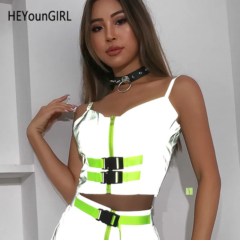

HEYounGIRL Summer Reflective Bralette Crop Top Women Sexy Neon Green Strips Cami Tops Tees Backless Strap Camisole Streetwear