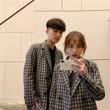 

Men's suit spring 2019 new nightclub-style cotton plaid print long-sleeved slim suit loose blazer personality youth men's wear